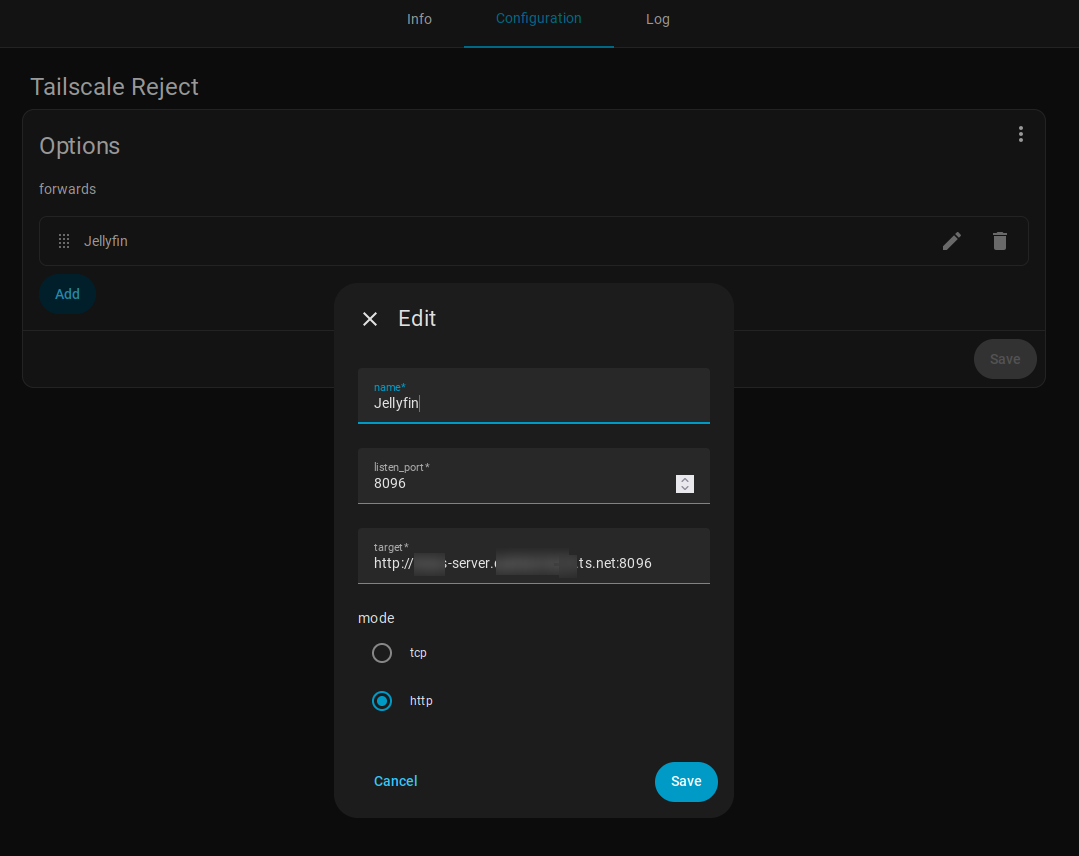 Tailscale Reject configuration example